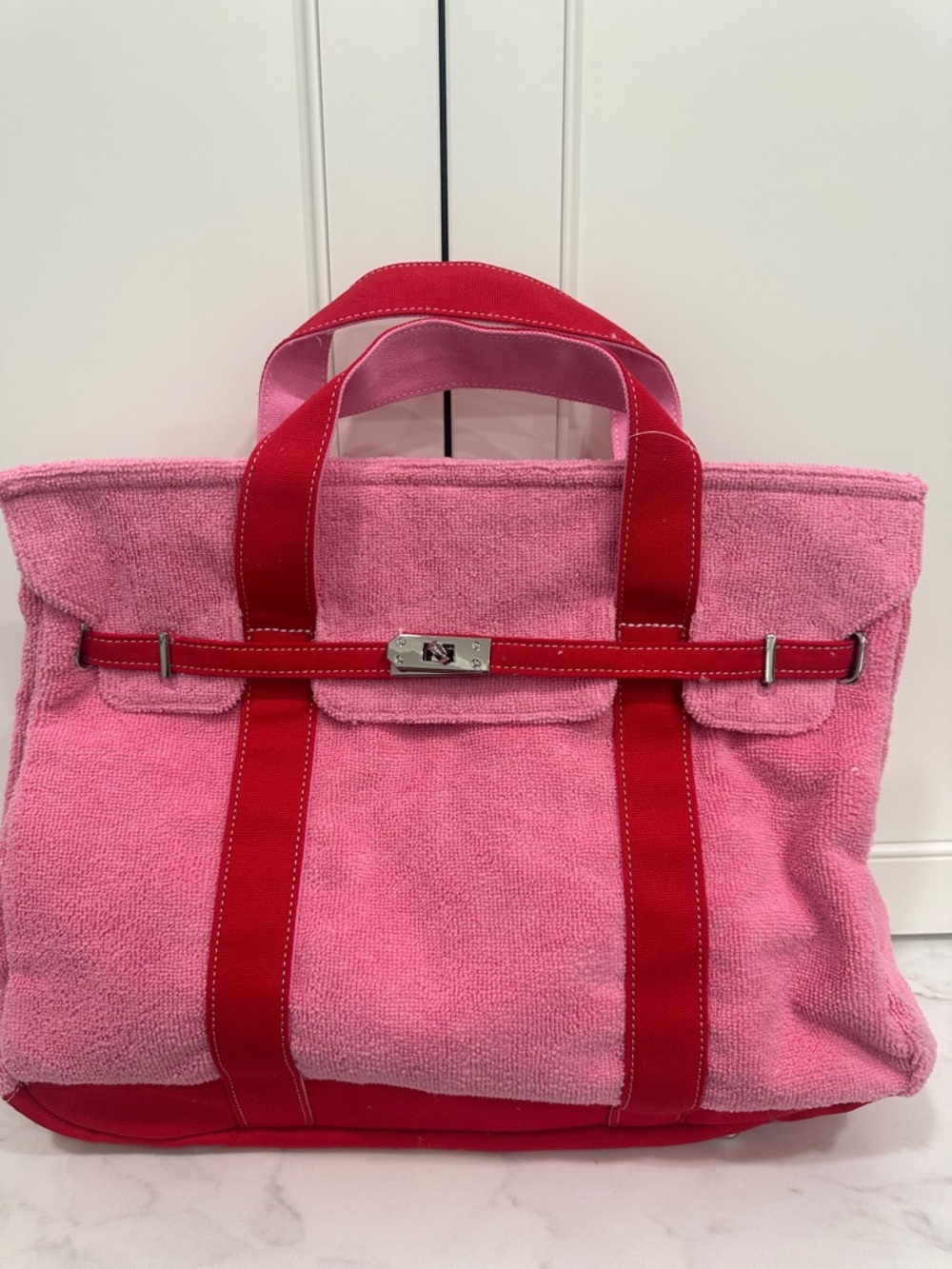 Sunwin madaket terry boatkin viral large Pink Tote with Red Trim